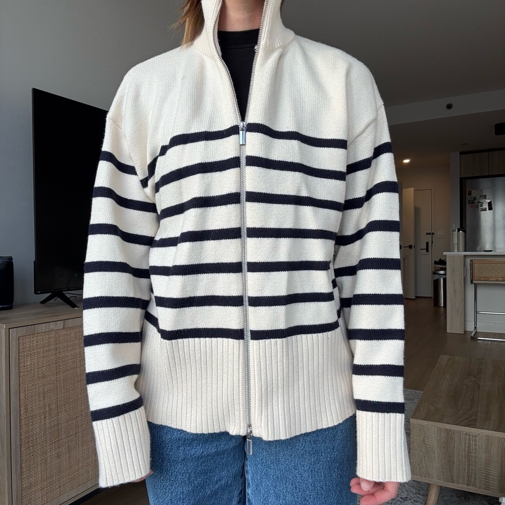 Zara Striped Zip-Up Sweater - Cream and Navy